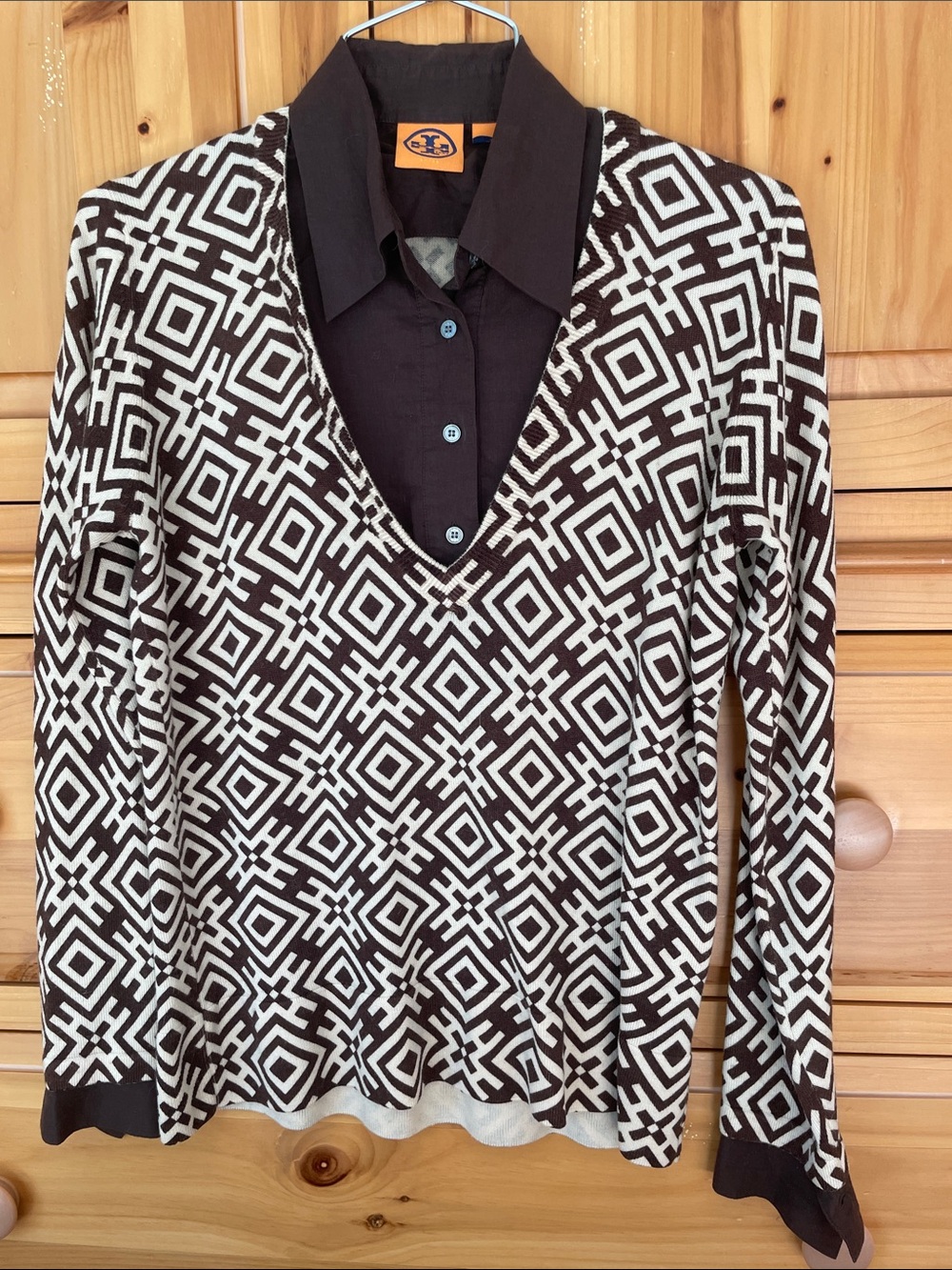 Tory Burch Brown & Cream Geometric V-Neck Layered-Look Top
